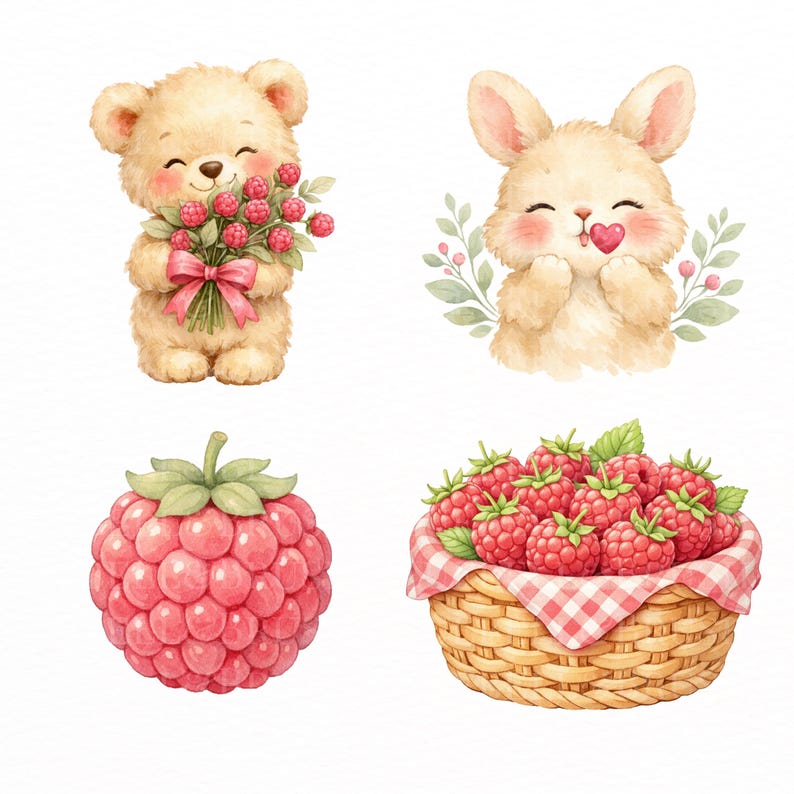 May include: Watercolor illustrations of a teddy bear holding a bouquet of raspberries tied with a pink bow, a bunny with a heart, a single raspberry, and a basket of raspberries with a red and white checkered cloth.