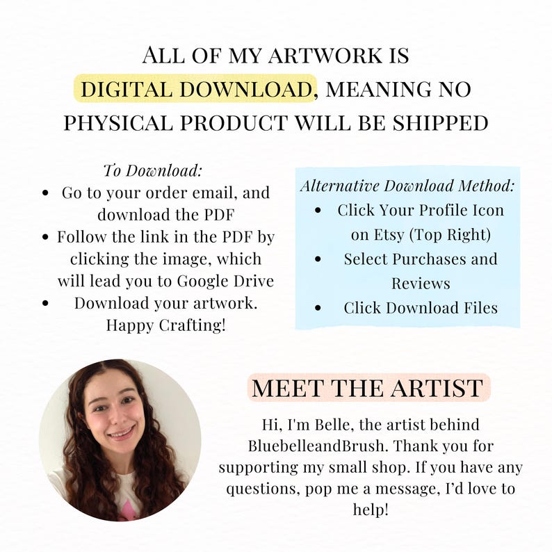 May include: An image with text stating that all artwork is a digital download, meaning no physical product will be shipped. Instructions are provided for downloading the artwork. The image also includes a photo of the artist.