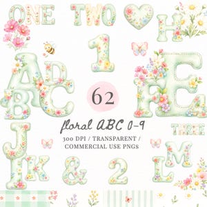Pode incluir: Uma coleção digital de letras e números verde-claros, estofados e com padrões florais, incluindo o texto 'ONE', 'TWO', 'THREE', '62', 'floral ABC 0-9', '300 DPI / TRANSPARENT / COMMERCIAL USE PNGS', decorados com pequenas borboletas, abelhas e flores.