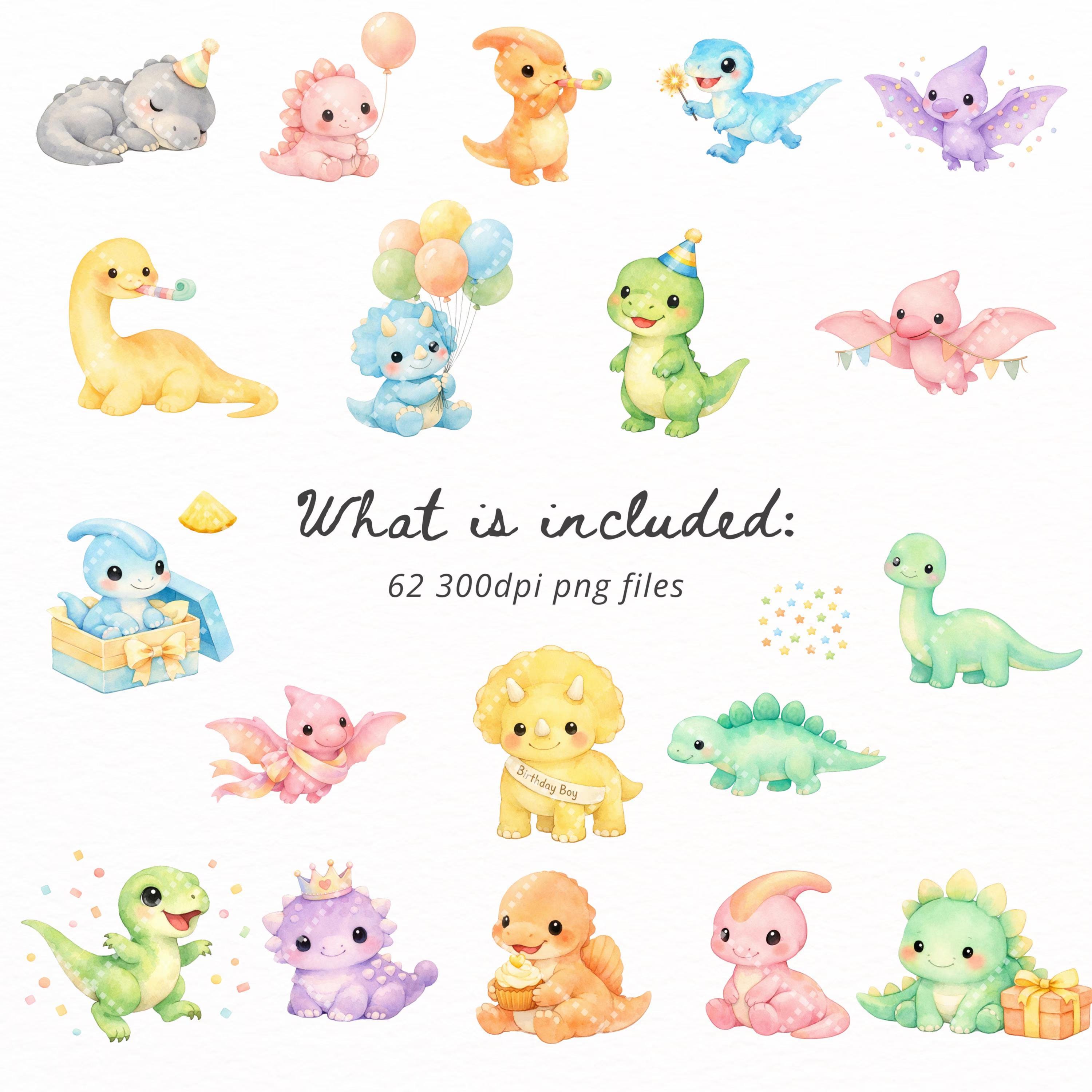 Cute Watercolor Dinosaur Clipart PNG Bundle, Baby Dino Clipart for ...