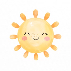 Puede incluir: Una ilustraci&oacute;n de sol amarillo con una cara sonriente, ojos cerrados y mejillas rosadas. El sol presenta un centro redondo con peque&ntilde;as pecas marrones y diez rayos redondeados que se extienden hacia afuera en un patr&oacute;n circular.