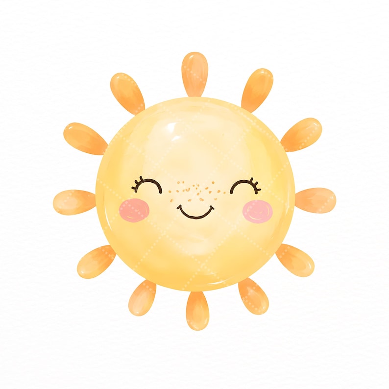 Puede incluir: Una ilustraci&oacute;n de sol amarillo con una cara sonriente, ojos cerrados y mejillas rosadas. El sol presenta un centro redondo con peque&ntilde;as pecas marrones y diez rayos redondeados que se extienden hacia afuera en un patr&oacute;n circular.