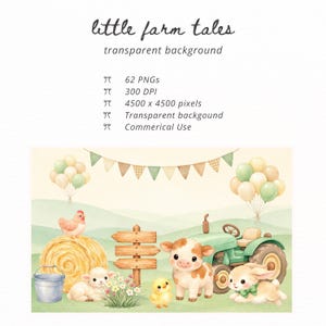 Cute Farm Animals Clipart PNG Bundle, Watercolor Barnyard Cow Pig Sheep ...
