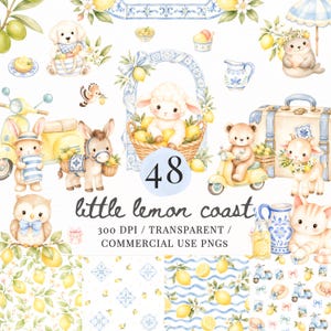 May include: A digital collection of 48 watercolor illustrations featuring cute animals, lemons, blue and white patterned ceramics, scooters, and suitcases. The text reads 48 little lemon coast 300 DPI / TRANSPARENT / COMMERCIAL USE PNGS.