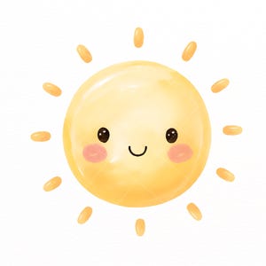 Puede incluir: Una ilustraci&oacute;n de un sol amarillo con una cara circular, dos ojos negros, una peque&ntilde;a boca curvada y mejillas rosadas circulares. El sol tiene doce rayos cortos y redondeados que se extienden hacia afuera desde el cuerpo central en patr&oacute;n radial.