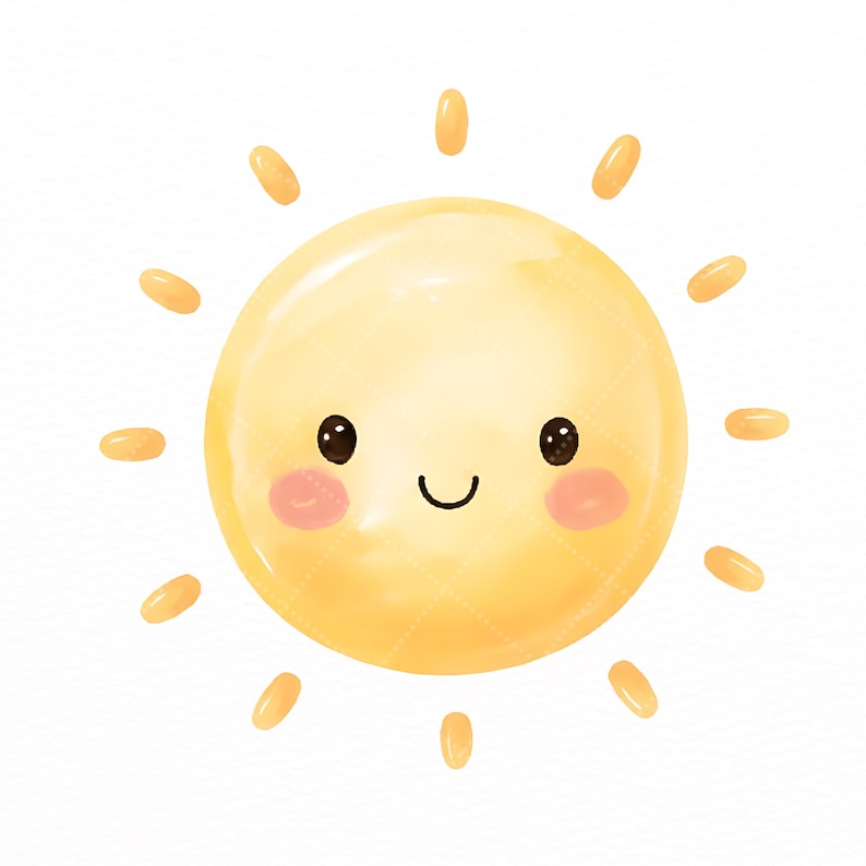 Puede incluir: Una ilustraci&oacute;n de un sol amarillo con una cara circular, dos ojos negros, una peque&ntilde;a boca curvada y mejillas rosadas circulares. El sol tiene doce rayos cortos y redondeados que se extienden hacia afuera desde el cuerpo central en patr&oacute;n radial.