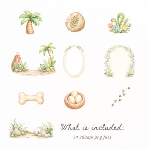 May include: A collection of watercolor illustrations featuring a palm tree, a fossilized rock, ferns, a volcano landscape, an oval frame, a leafy arch, a bone, a nest with three speckled eggs, and dinosaur footprints with text What is included: 24 300dpi png files.