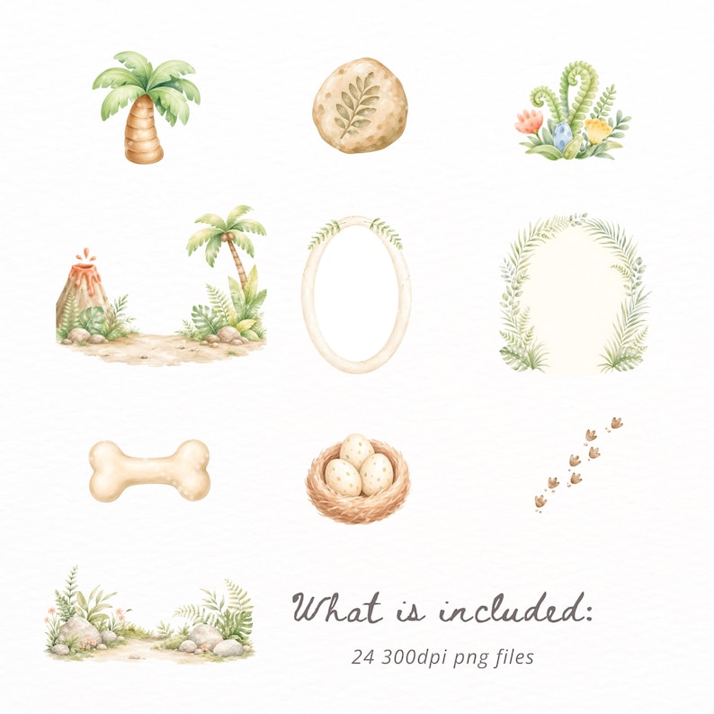 May include: A collection of watercolor illustrations featuring a palm tree, a fossilized rock, ferns, a volcano landscape, an oval frame, a leafy arch, a bone, a nest with three speckled eggs, and dinosaur footprints with text What is included: 24 300dpi png files.