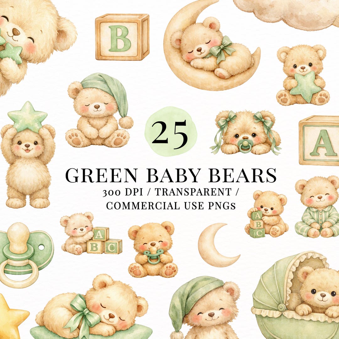 Teddy Bear Clipart Sage Green PNG Bundle, Baby Boy Girl Nursery Bears ...