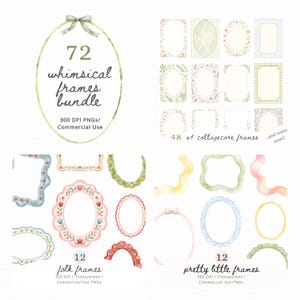 Puede incluir: Una colección digital de 72 marcos de acuarela que incluye estilos cottagecore, folclóricos y delicados. El conjunto presenta varias formas ovaladas, rectangulares y onduladas en colores pastel con detalles florales y de lazos, en archivos PNG de 300 DPI.