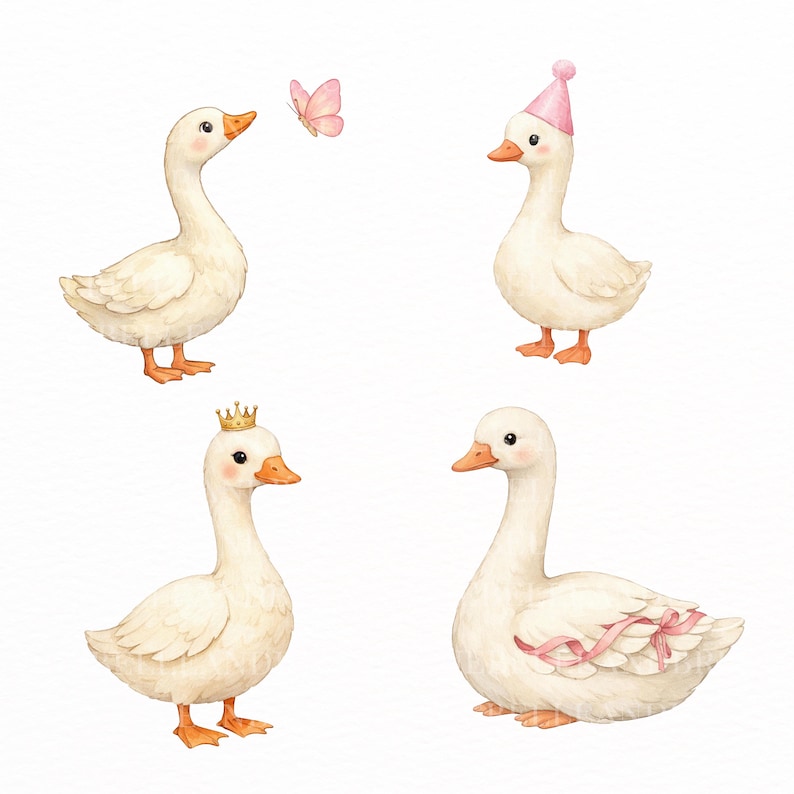 Girly Goose Clipart PNG Bundle, Watercolor Silly Goose, Coquette ...