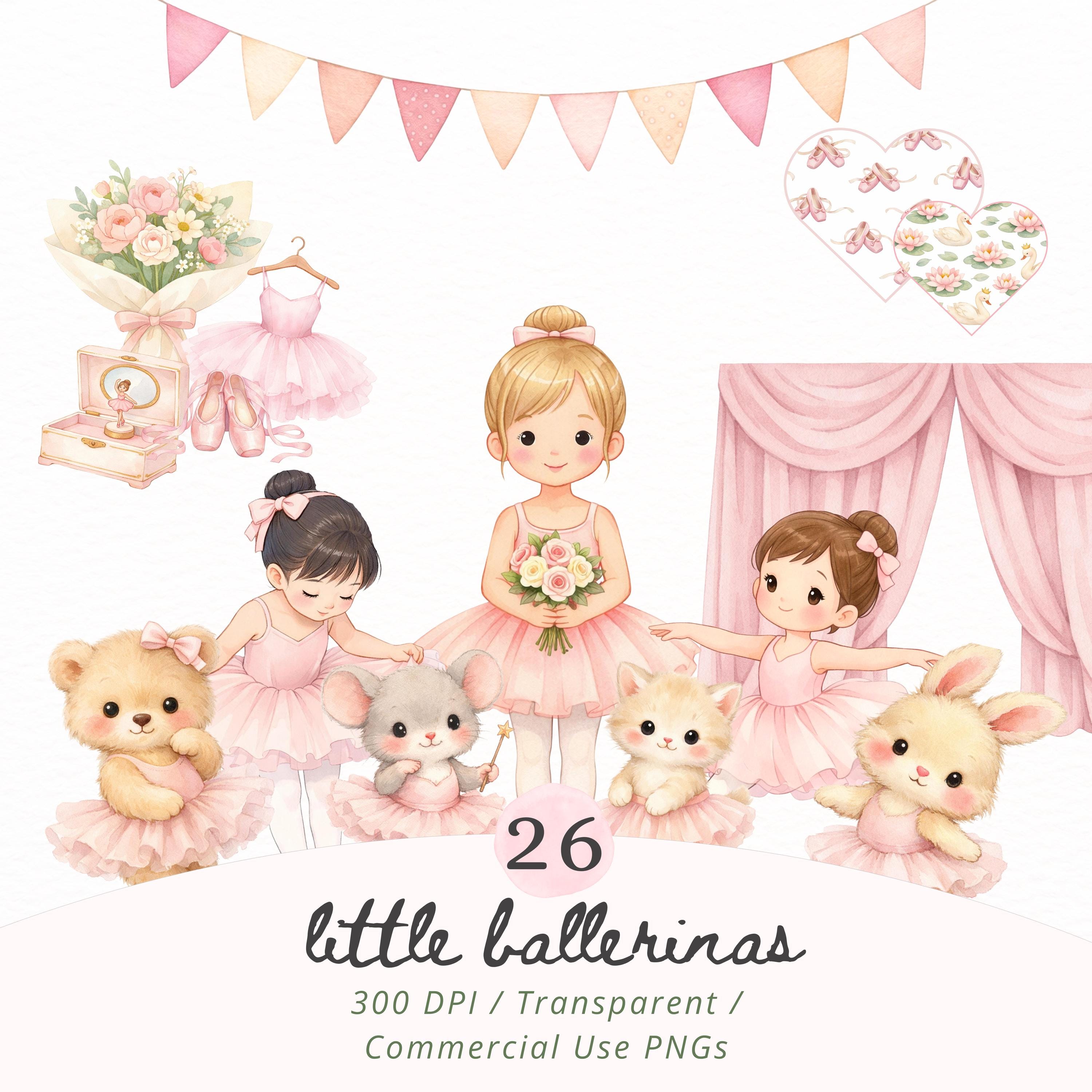 Watercolor Ballerina Clipart PNG Bundle, Cute Pink Ballet Bunnies, Bear ...