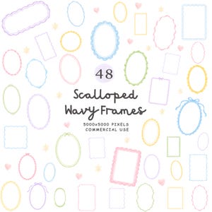 May include: A collection of 48 digital scalloped and wavy frames in various pastel colors including pink, blue, yellow, and green. The image features text that reads 48 Scalloped Wavy Frames 5000x5000 PIXELS COMMERCIAL USE, surrounded by small hearts and stars.