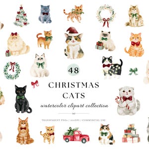 May include: A collection of 48 watercolor illustrations featuring cats in various poses, some wearing red or green bows, Santa hats, or scarves, alongside Christmas trees, wreaths, gift boxes, and a red truck with the text 48 CHRISTMAS CATS.