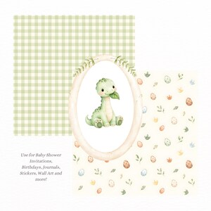 May include: A digital graphic featuring a light green gingham pattern, a cream background with small patterned eggs and leaves, and an oval frame containing a cartoon dinosaur holding a leaf. Text reads: Use for Baby Shower Invitations, Birthdays, Journals, Stickers, Wall Art and more!