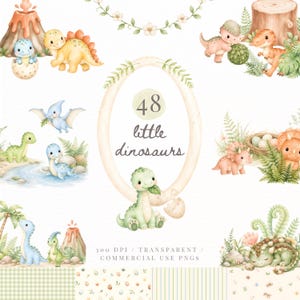 Puede incluir: Una colección de ilustraciones en acuarela que muestran varios dinosaurios bebés, volcanes, troncos de árboles y follaje. El marco ovalado central contiene el texto 48 little dinosaurs, con patrones y elementos adicionales mostrados debajo.