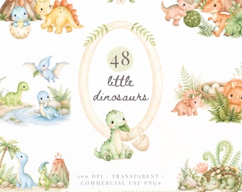 May include: A collection of watercolor illustrations featuring various baby dinosaurs, volcanoes, tree stumps, and foliage. The central oval frame contains the text 48 little dinosaurs, with additional patterns and elements displayed below.