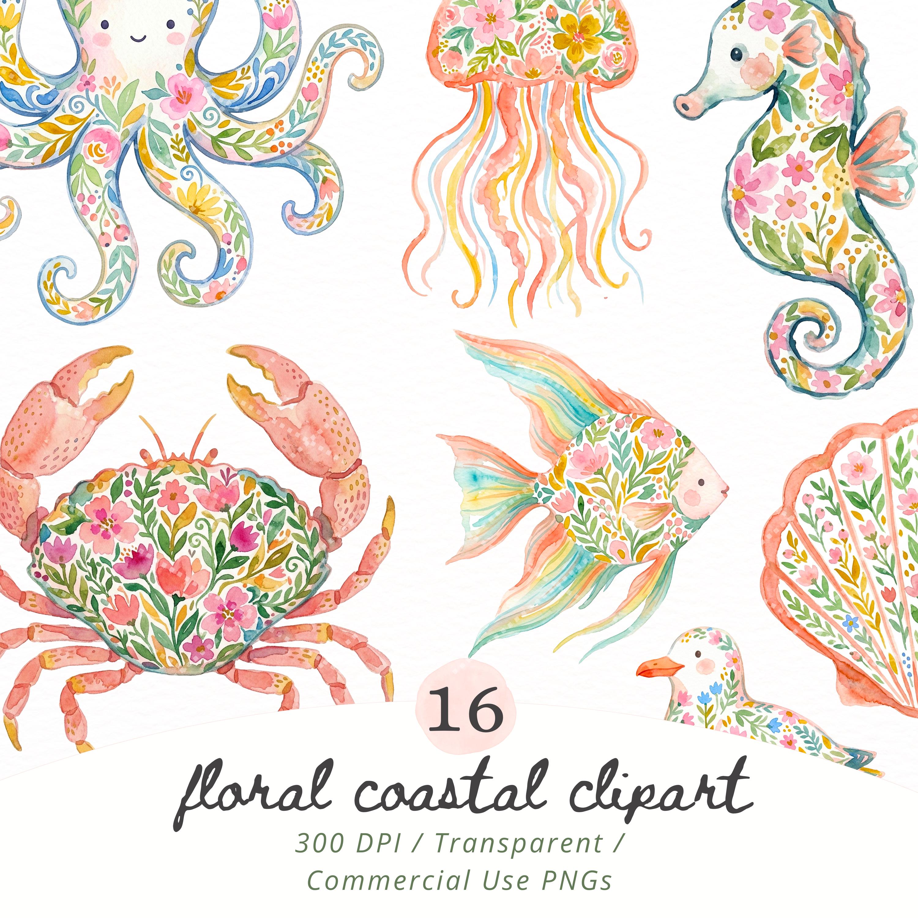 Floral Coastal Clipart Set, Watercolor Chinoiserie Shellfish Crab O…