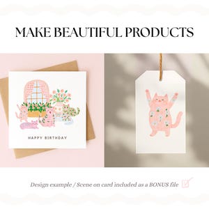 May include: A square greeting card with the text HAPPY BIRTHDAY featuring a window, flowers, and four cats, alongside a rectangular gift tag with a pink cat illustration. The text MAKE BEAUTIFUL PRODUCTS appears at the top of the image.