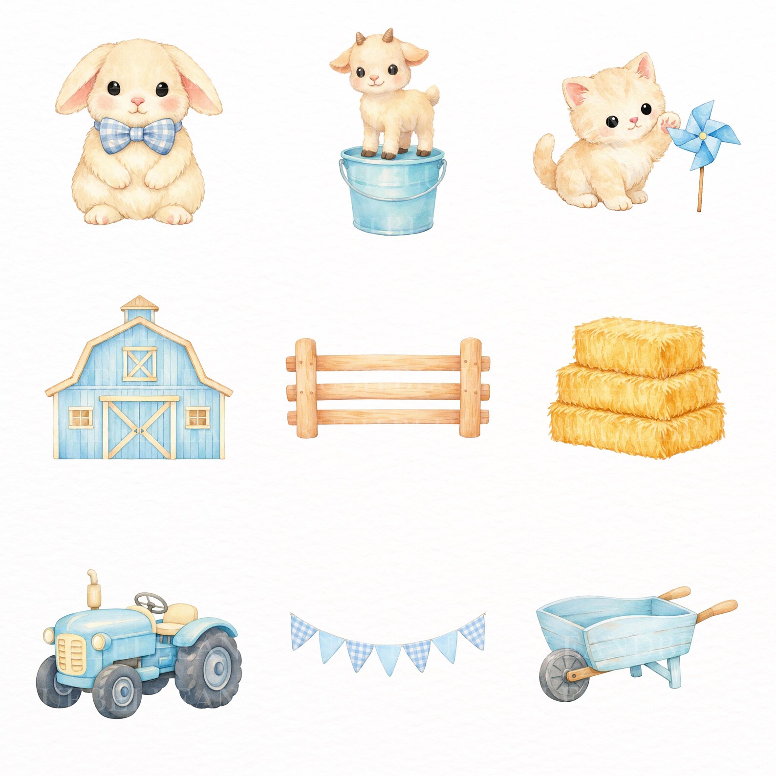 Blue Farm Clipart Bundle PNG, Watercolor Farm Animals, Baby Shower ...