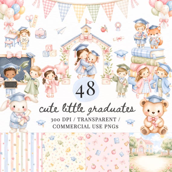 Pastel School Graduation Clipart PNG, Cute Graduates, Preschool Kindergarten Education Clipart, Teacher Classroom Commercial Use Invitations
