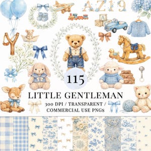 Könnte beinhalten: Aquarellillustrationen mit Baby-Motiven in Blau-, Beige- und Brauntönen. Enthält Teddybären, ein Schaukelpferd, ein Spielzeugauto, ein Kaninchen, ein Lamm, Luftballons und florale Muster. Der Text lautet "Little Gentleman" und "115".
