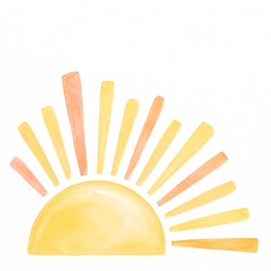 Puede incluir: Una ilustraci&oacute;n en acuarela de un sol naciente con una base semicircular amarilla y rayos radiantes en tonos alternos de melocot&oacute;n suave y amarillo brillante. El dise&ntilde;o muestra una est&eacute;tica art&iacute;stica con texturas de pinceladas visibles.