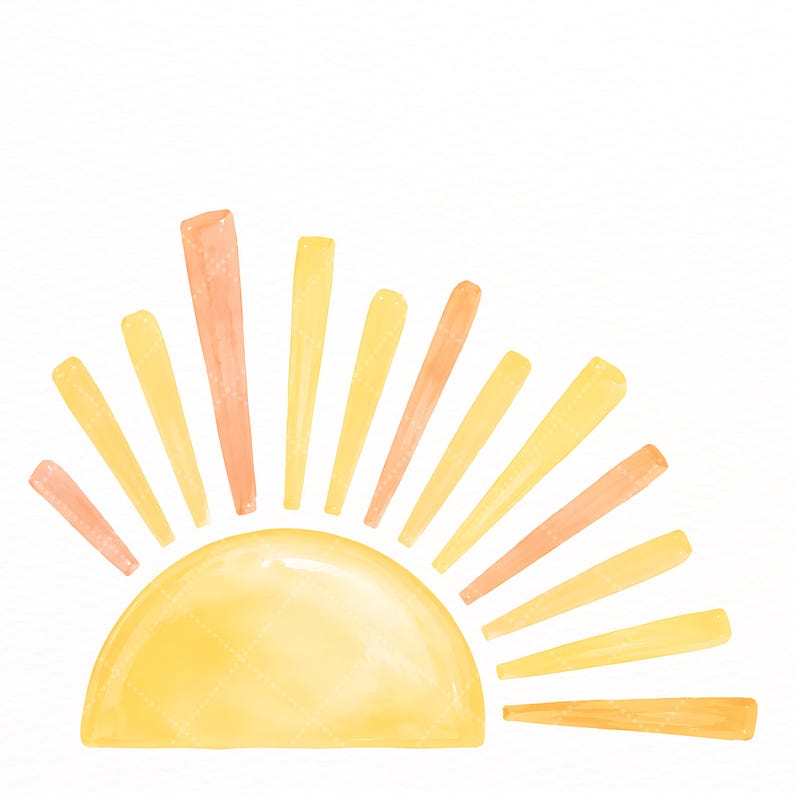 Puede incluir: Una ilustraci&oacute;n en acuarela de un sol naciente con una base semicircular amarilla y rayos radiantes en tonos alternos de melocot&oacute;n suave y amarillo brillante. El dise&ntilde;o muestra una est&eacute;tica art&iacute;stica con texturas de pinceladas visibles.