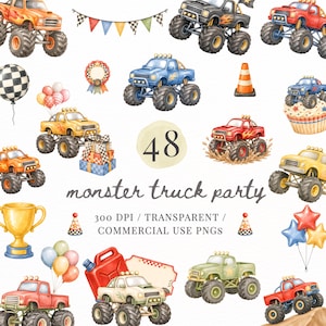 Può includere: Una collezione di illustrazioni ad acquerello con monster truck di vari colori, un trofeo dorato, palloncini a scacchi, festoni, scatole regalo, un cono stradale e palloncini. Il testo recita 48 monster truck party 300 DPI.