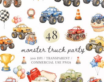 May include: A collection of watercolor illustrations featuring monster trucks in various colors, a gold trophy, checkered balloons, party bunting, gift boxes, a traffic cone, and balloons. The text reads 48 monster truck party 300 DPI.