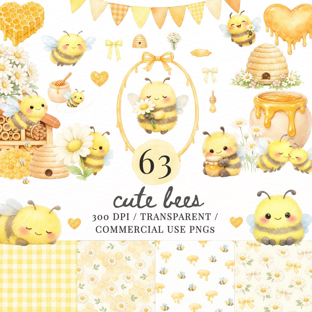 Bee & Honey PNG Bundle, Cute Bumblebee Clipart, Baby Shower Bees, Daisy ...