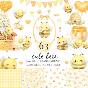 May include: A collection of 63 cute bee-themed PNG graphics. The illustrations feature smiling bees, honeycombs, honey pots, daisies, and decorative elements in yellow and white. The text reads "cute bees".