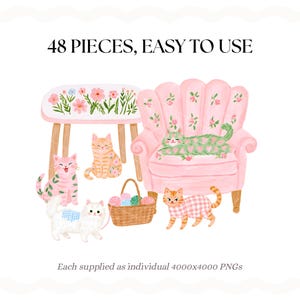 May include: A digital illustration featuring four cats, a pink armchair with floral patterns, a small table with flowers, and a wicker basket filled with colorful yarn balls. The text reads 48 PIECES, EASY TO USE and Each supplied as individual 4000x4000 PNGs.