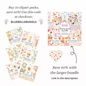 May include: A collection of digital clipart packs with various themes, including animals, bugs, and birthday designs. The image features text offering a discount on multiple packs with the code BLUEBELLEBUNDLE. A larger bundle is also available at a discounted price.