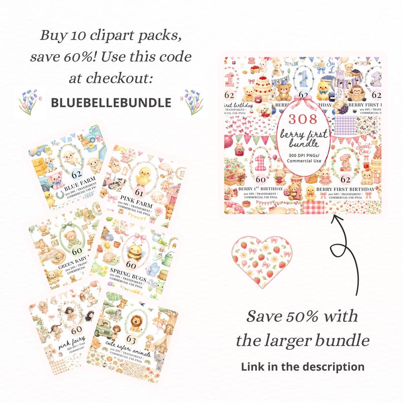 May include: A collection of digital clipart packs with various themes, including animals, bugs, and birthday designs. The image features text offering a discount on multiple packs with the code BLUEBELLEBUNDLE. A larger bundle is also available at a discounted price.
