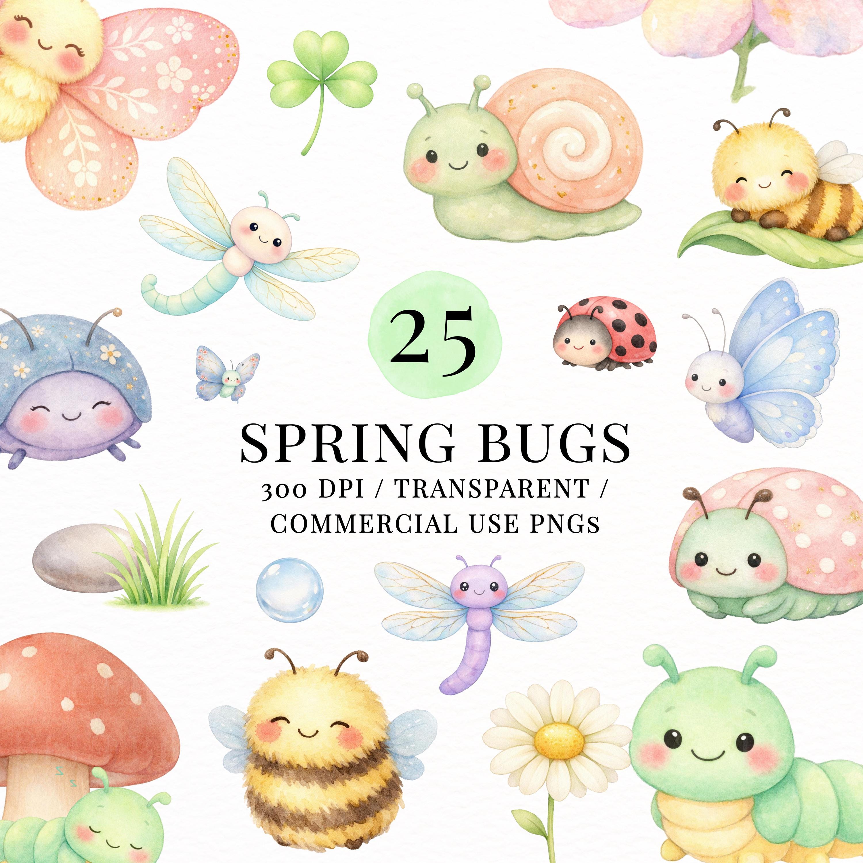 Spring Bugs Clipart Bundle PNG | Cute Kawaii Insects, Snail Ladybug ...
