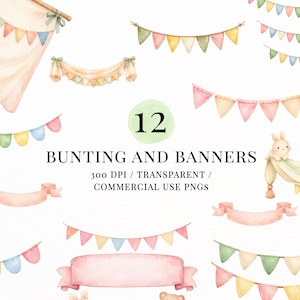 Könnte beinhalten: Aquarellillustrationen von Wimpeln und Bannern in Pastellfarben. Das Bild zeigt verschiedene Bannerdesigns, Bänder und die Zahl 12 in einem grünen Kreis. Der Text lautet "BUNTING AND BANNERS" und "300 DPI / TRANSPARENT / COMMERCIAL USE PNGS."