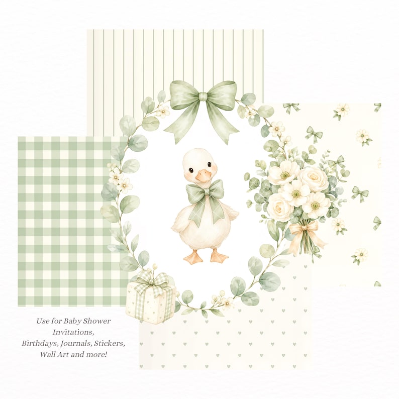 Silly Goose Clipart Bundle PNG, Sage Green Nursery Animals, Baby Shower Goose, Coquette Goose Party Decor for Invitations, Commercial Use image 9