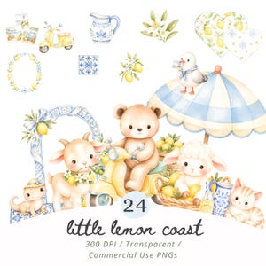 May include: A collection of watercolour illustrations with a lemon coast theme. Includes a yellow scooter, teddy bear, goat, lamb, cat, and other elements. The image has a light blue and yellow colour scheme with the text "little lemon coast".