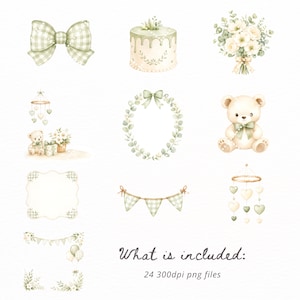 May include: Watercolor illustrations of baby shower elements in soft green and white. Includes a bow, cake, bouquet, teddy bear, wreath, bunting, mobile, and decorative frames. The text reads "What is included: 24 300dpi png files."
