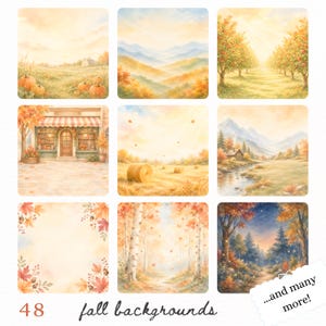 Pode incluir: Uma coleção de 48 fundos digitais de outono com ilustrações em aquarela de campos de abóboras, paisagens montanhosas, pomares de maçãs, fachadas de lojas, fardos de feno, riachos, florestas de bétulas e folhagens com o texto 48 fall backgrounds and more.