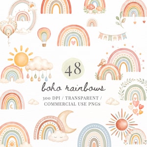 Pode incluir: Uma coleção de 48 ilustrações em aquarela com arco-íris, sóis, nuvens, luas, balões de ar quente e corações em tons pastel suaves. O texto diz 48 boho rainbows, 300 DPI / TRANSPARENT / COMMERCIAL USE PNGS em um fundo branco.