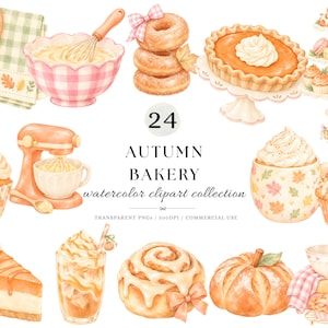 Op de afbeelding: Een collectie van 24 aquarelillustraties met herfstbakkerijartikelen, waaronder een pompoentaart, donuts, cupcakes, een keukenmixer, een garde in een kom, een kaneelbroodje, een pompoen en een drankje met slagroom en tekst.