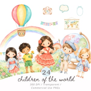 May include: A digital illustration featuring four children in diverse outfits, a hot air balloon, a rainbow, a world map, a globe, a suitcase, and a flag bunting. The text reads 24 children of the world, 300 DPI, Transparent, Commercial Use PNGs.