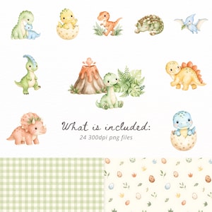 May include: A collection of watercolor illustrations featuring various baby dinosaurs, a volcano, and tropical foliage. The set includes patterned backgrounds with green gingham and small dinosaur eggs. Text reads: What is included: 24 300dpi png files.
