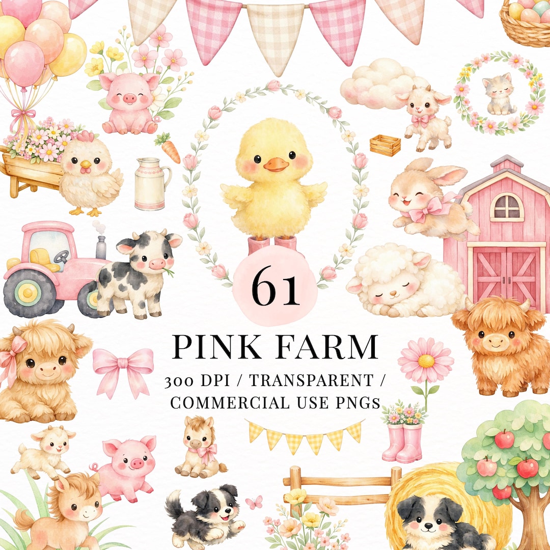 Pink Farm Animals Clipart Bundle PNG | 61 Cute Barnyard Animals, Cow ...