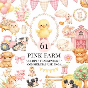 Könnte beinhalten: Aquarellillustration zum Thema rosa Bauernhof mit verschiedenen Hoftieren, darunter ein Küken, ein Schwein, eine Kuh, ein Lamm und ein Hund. Das Bild enthält einen rosa Traktor, eine Scheune und den Text "PINK FARM".