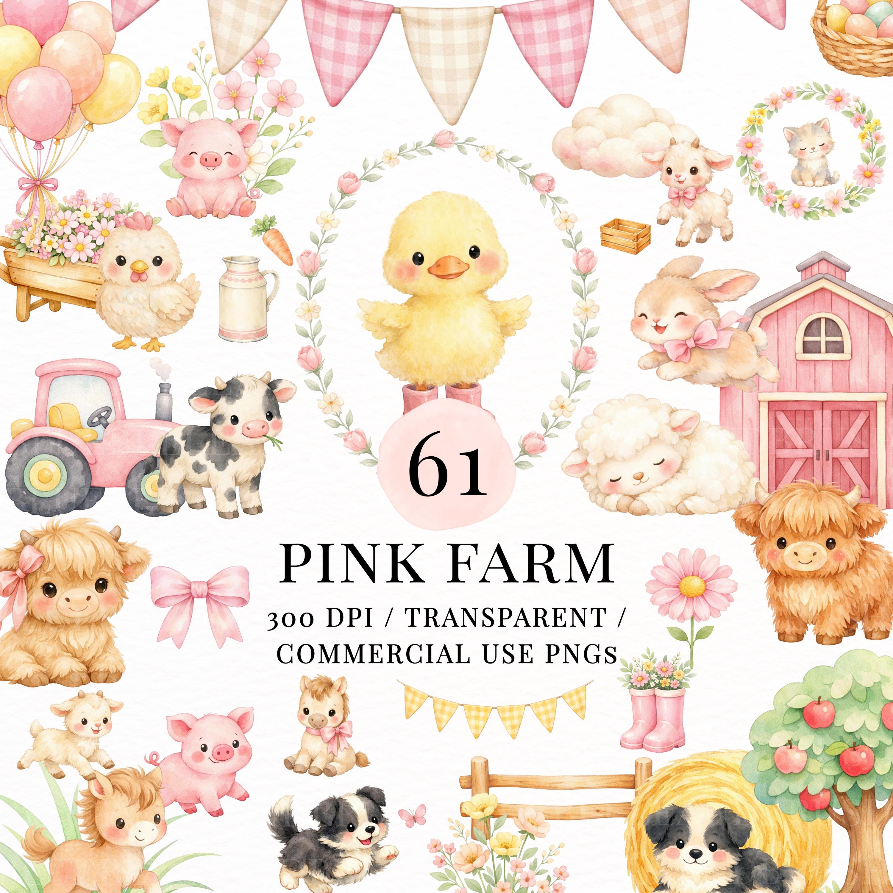 Pink Farm Animals Clipart Bundle PNG | 61 Cute Barnyard Animals, Cow ...
