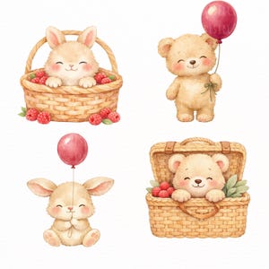 May include: Watercolor illustrations of cute animals. A bunny and a bear are in baskets filled with raspberries. A bear holds a pink balloon, and a bunny holds a pink balloon. The illustrations are in a soft, pastel color palette.