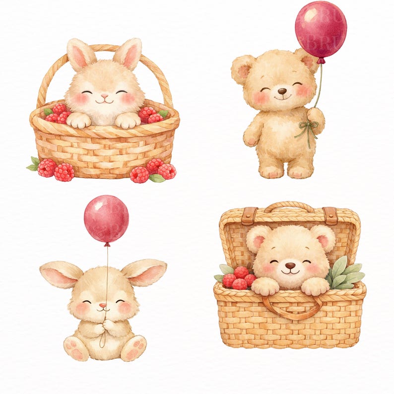 May include: Watercolor illustrations of cute animals. A bunny and a bear are in baskets filled with raspberries. A bear holds a pink balloon, and a bunny holds a pink balloon. The illustrations are in a soft, pastel color palette.